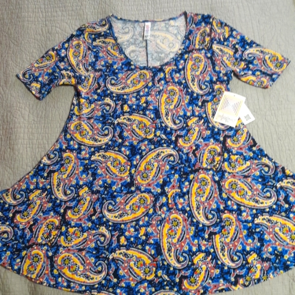 NWT LuLaRoe Perfect Tee paisley blue/yellow/coral XXS